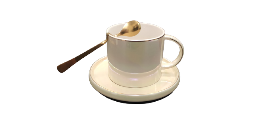 Set Cana Ceai/Cafea Ceramica, Farfurie, Lingura Aurie Model Ondulat, 160ML Casidora