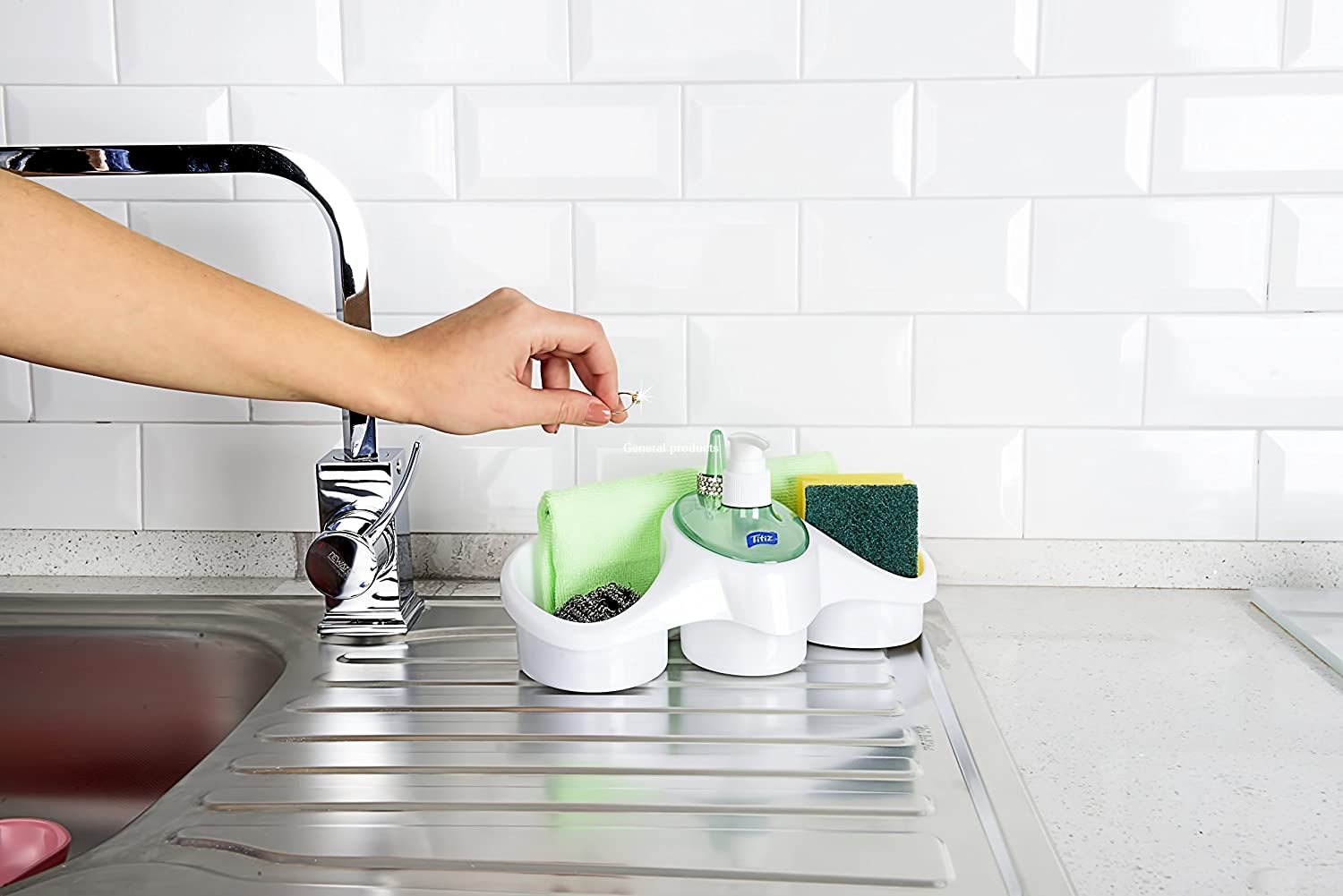 Dispenser detergent vase cu suport burete, Aquamarin Casidora