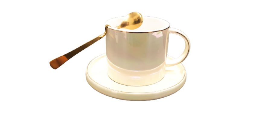 Set Cana Ceai/Cafea Ceramica, Farfurie, Lingura Aurie Model Ondulat, 160ML Casidora
