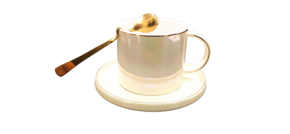 Set Cana Ceai/Cafea Ceramica, Farfurie, Lingura Aurie Model Ondulat, 160ML Casidora
