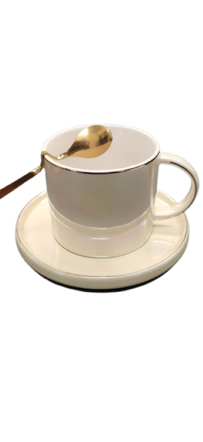 Set Cana Ceai/Cafea Ceramica, Farfurie, Lingura Aurie Model Ondulat, 160ML Casidora