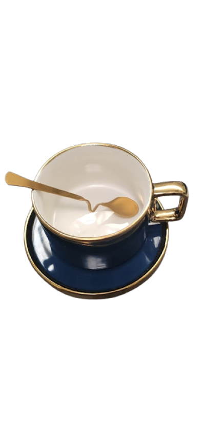 Set Cana Ceai/Cafea Ceramica, Farfurie, Lingura Aurie Model Ondulat, 200ML Casidora