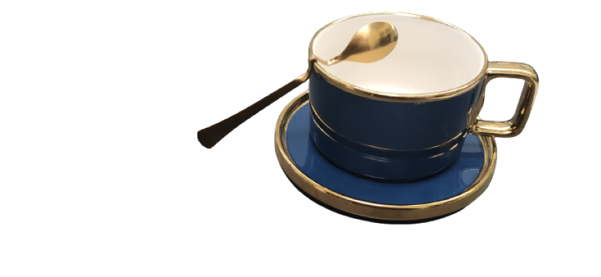 Set Cana Ceai/Cafea Ceramica, Farfurie, Lingura Aurie Model Ondulat, 200ML Casidora