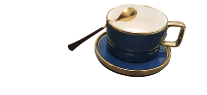 Set Cana Ceai/Cafea Ceramica, Farfurie, Lingura Aurie Model Ondulat, 200ML Casidora