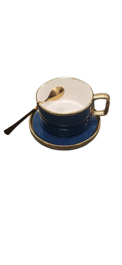 Set Cana Ceai/Cafea Ceramica, Farfurie, Lingura Aurie Model Ondulat, 200ML Casidora